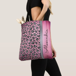 Glittery Leopard Skriv ut på Glossy Shock rosa Tygkasse