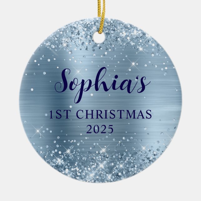 Glittery Light Blue Foil 1st Christmas Photo Julgransprydnad Keramik (Framsidan)