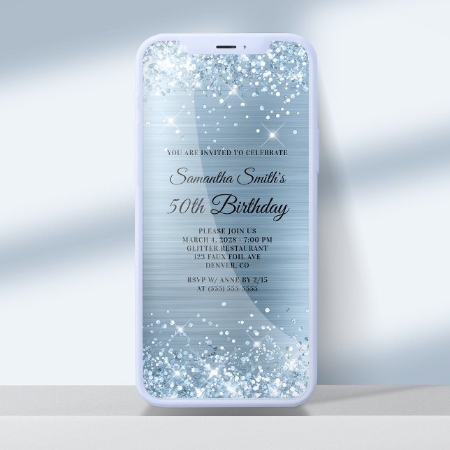 Glittery Light Blue Foil 50:e födelsedagen Inbjudningar (Skapare uppladdad)