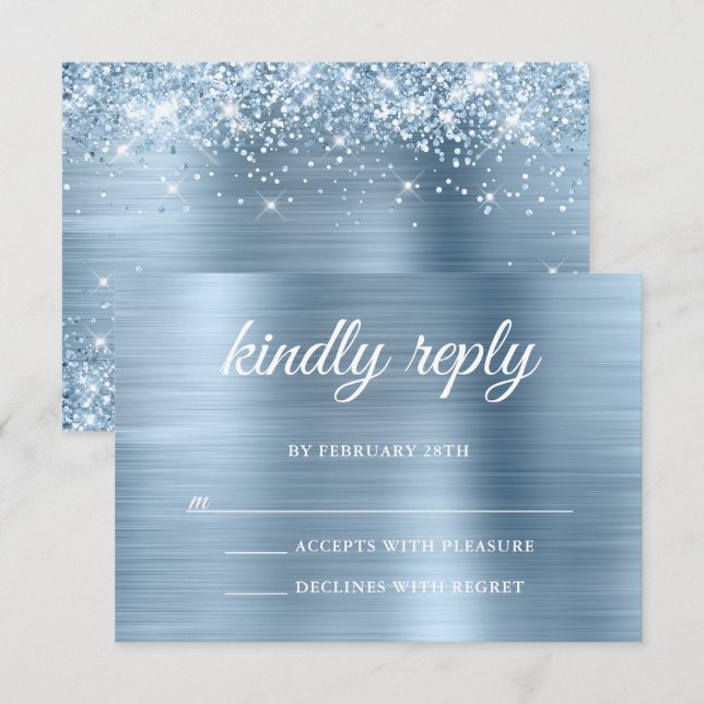 Glittery Light Blue Foil Kinely Reply Bröllop OSA Kort (Fram/baksida)