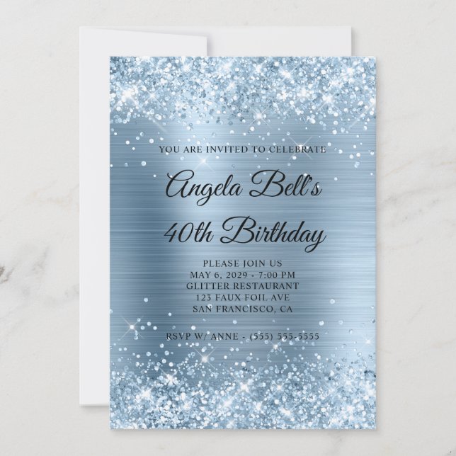 Glittery Light Blue Foil Monogram 40:e födelsedage Inbjudningar (Framsida)