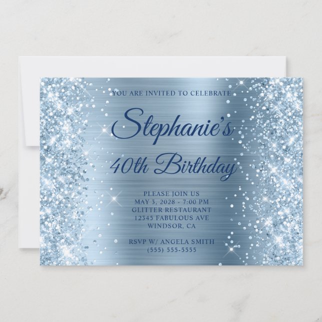 Glittery Light Blue Foil Monogram 40:e födelsedage Inbjudningar (Framsida)