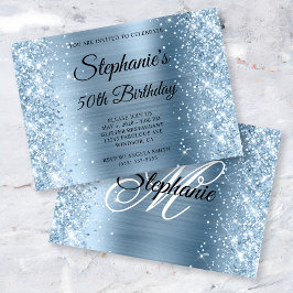 Glittery Light Blue Foil Monogram 50:e födelsedage Inbjudningar