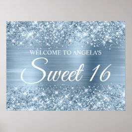 Glittery Light Blue Foil Sweet 16 Välkommen Poster