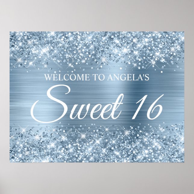 Glittery Light Blue Foil Sweet 16 Välkommen Poster (Framsidan)