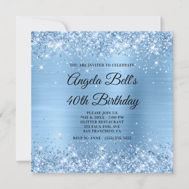 Glittery Light Blue Shimmer Foil Finare Monogram Inbjudningar (Framsida)