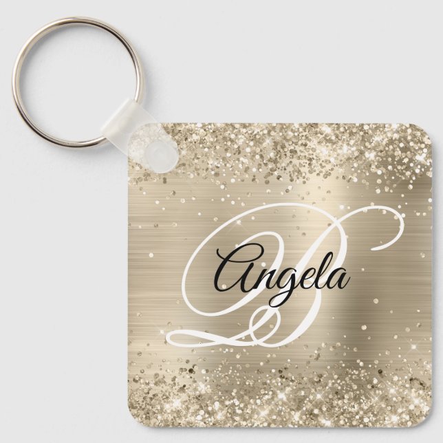 Glittery Light Gold Foil Finare Monogram Nyckelring (Framsida)