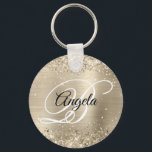 Glittery Light Gold Foil Finare Monogram Nyckelring<br><div class="desc">Elegant blek champagne guld glitter med gnistor mot en faux pastel platinum borstad bild av folie metall. Det går att anpassa kalligrafimonogrammet för svart och vitt finare i mitten. All sparsam och glansig inslag i denna moderna gigantiska design är digital grafik. Monogrammed värdefull cirkel formar nyckelring party favors för hennes...</div>