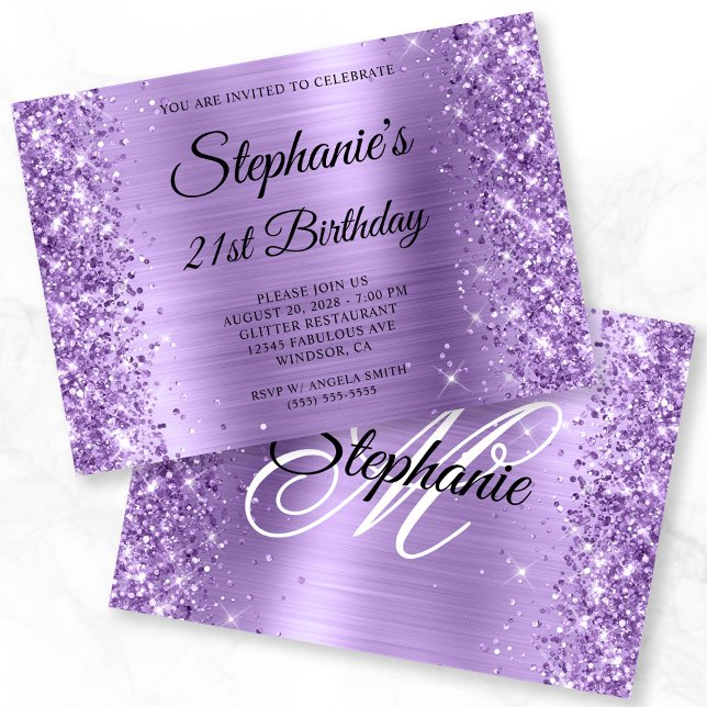 Glittery Light Lila Glam Monogram 21:a födelsedage Inbjudningar (Horizontal 5x7 Invite)