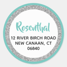 Glittery Light Teal & Silver Returadress Runt Klistermärke