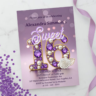 Glittery Lila Gemstone & Pearl Sweet 16 Birthday Inbjudningar
