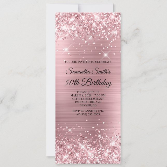 Glittery Ljus rosa Foil 50:e födelsedagen Inbjudningar (Framsida)