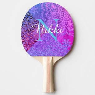 Glittery Lotus Leopard Monogram Ping Pong Paddle Pingisracket