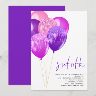 Glittery Mauve Fuchsia Balloons 60:e födelsedagen Inbjudningar