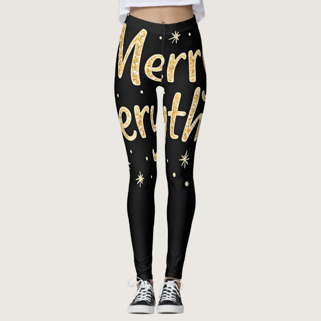 Glittery "Merry All" Text på svart Leggings (Framsida)