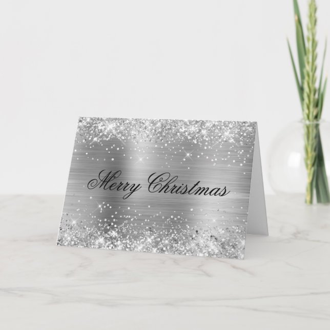 Glittery Metallic Silver Family Photo Kort (Framsida)