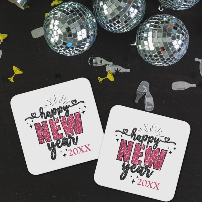 Glittery Nyårsafton Party Underlägg Papper Kvadrat (Glittery New Year's Eve party coaster)