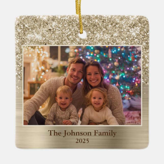 Glittery Pale Gold Glam Family Photo Julgransprydnad Keramik (Framsida)