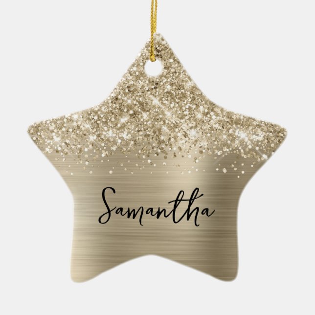 Glittery Pale Gold Glam Name Star Julgransprydnad Keramik (Framsidan)