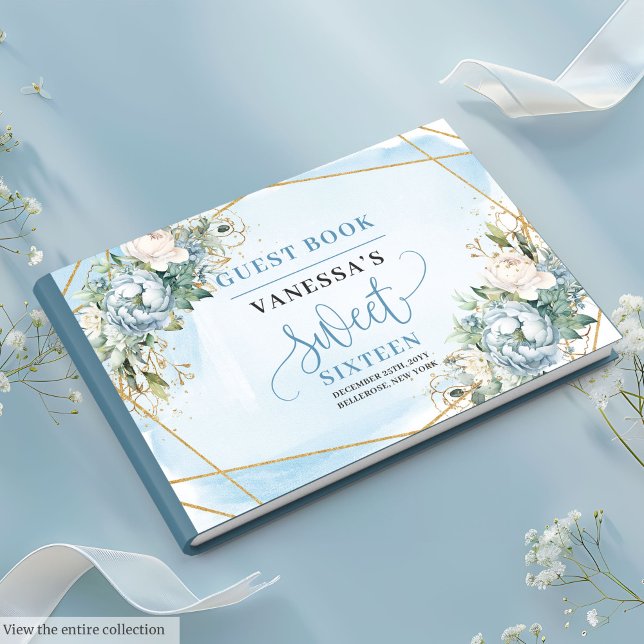 Glittery Pastel Blue White Peonies Sweet sixteen Gästböcker (Glittery Pastel Blue White Peonies Sweet Sixteen Guest Book)