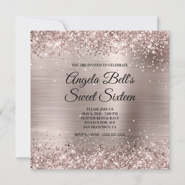Glittery Pink Champagne Faux Foil Sweet Sixteen Inbjudningar (Framsida)