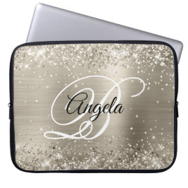 Glittery Platinum Brushed Foil Monogrammed Laptop Fodral