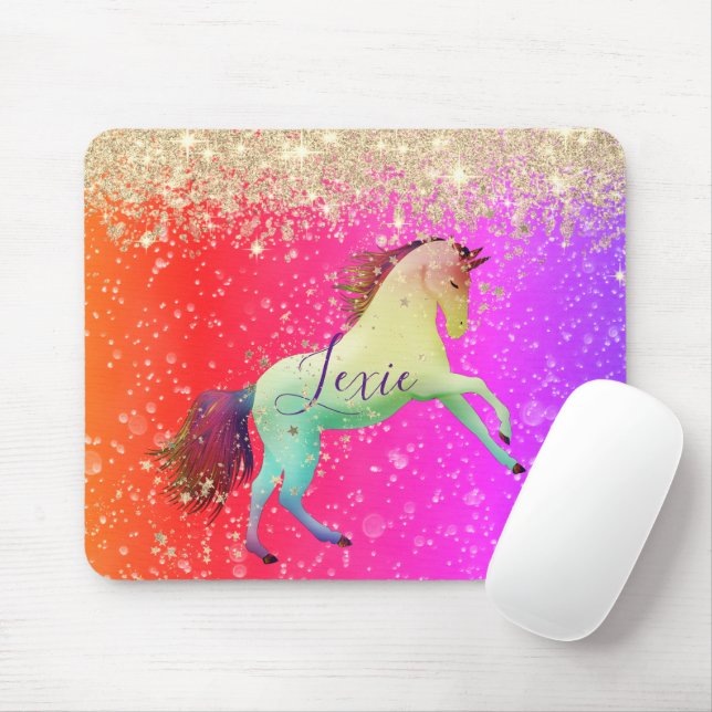 Glittery Rainbow Unicorn Personlig Musmatta (Med mus)