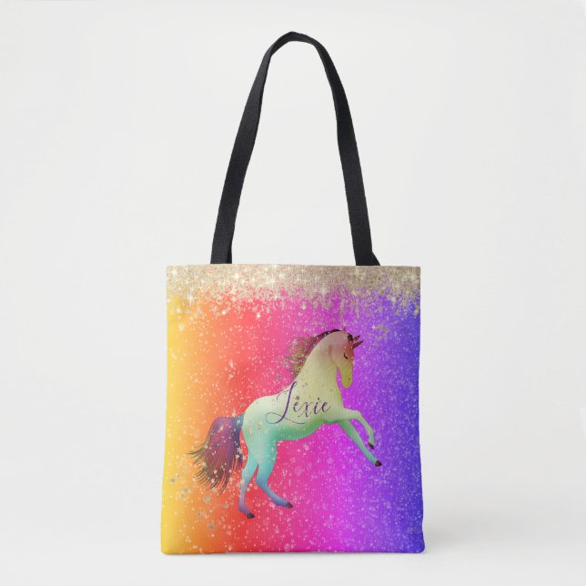 Glittery Rainbow Unicorn Personlig Tygkasse (Framsida)