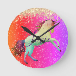 Glittery Rainbow UnicornRound Clock Rund Klocka