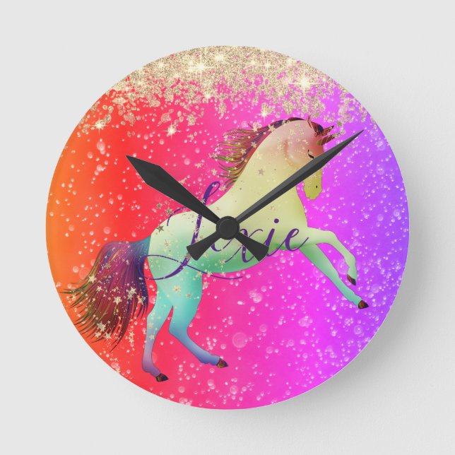 Glittery Rainbow    UnicornRound Clock Rund Klocka (Framsida)