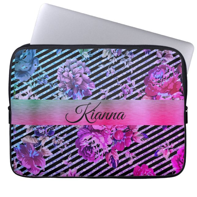 Glittery Rand Shock rosa och Teal Blommigt Laptop Fodral (Framsidan)
