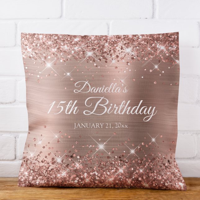 Glittery Ro Gold Foil 15:e födelsedagen Kudde (Glittery Rose Gold Foil 15th Birthday Throw Pillow)