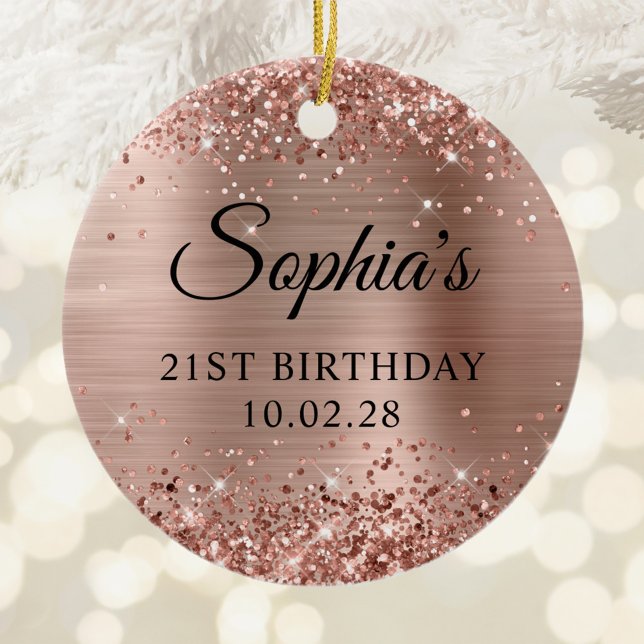 Glittery Ro Gold Foil 21st Birthday Photo Julgransprydnad Keramik (Glittery Rose Gold Foil 21st Birthday Photo Ceramic Ornament)