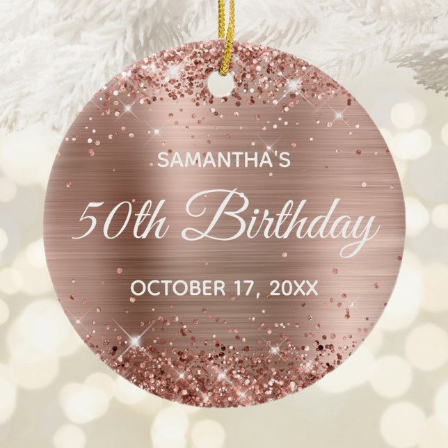 Glittery Ro Gold Foil 50:e födelsedagen Julgransprydnad Keramik (Glittery Rose Gold 50th Birthday Circle Ceramic Ornament)