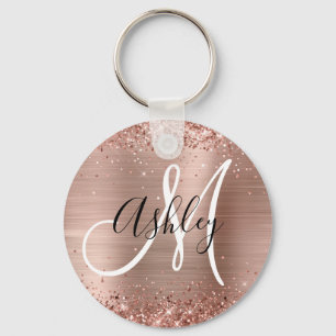 Glittery Ro Gold Foil Black White Monogrammad Nyckelring