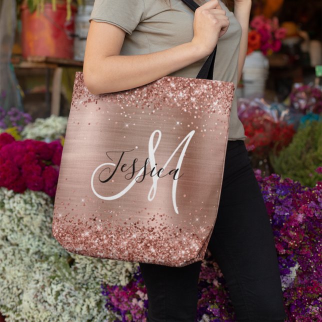 Glittery Ro Gold Foil Black White Monogrammad Tygkasse (Glittery Rose Gold Foil Black White Monogrammed Tote Bag)