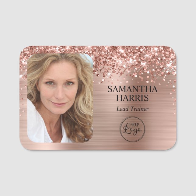Glittery Ro Gold Foil Logotyp och Photo Namnbricka (Framsida)