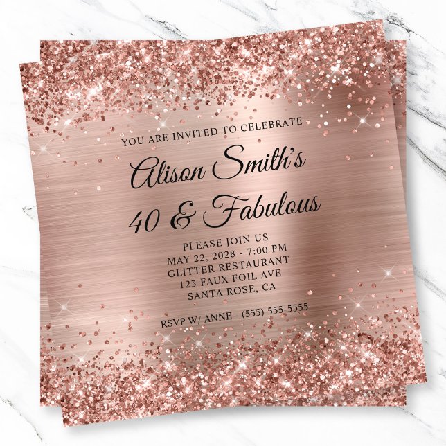 Glittery Ro Gold Foil Monogram 40 & Fabulous Inbjudningar (Glittery Rose Gold Foil Monogram 40 & Fabulous Invitation)