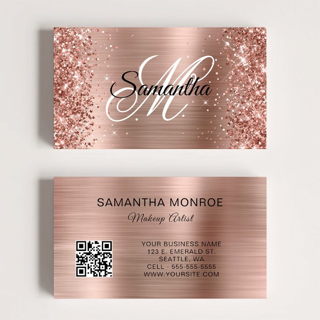 Glittery Ro Gold Foil Monogram QR-kod Visitkort (Glittery Rose Gold Foil Monogram QR Code Business Card)