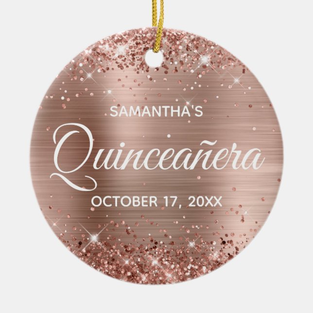 Glittery Ro Gold Foil Quinceañera Julgransprydnad Keramik (Framsidan)
