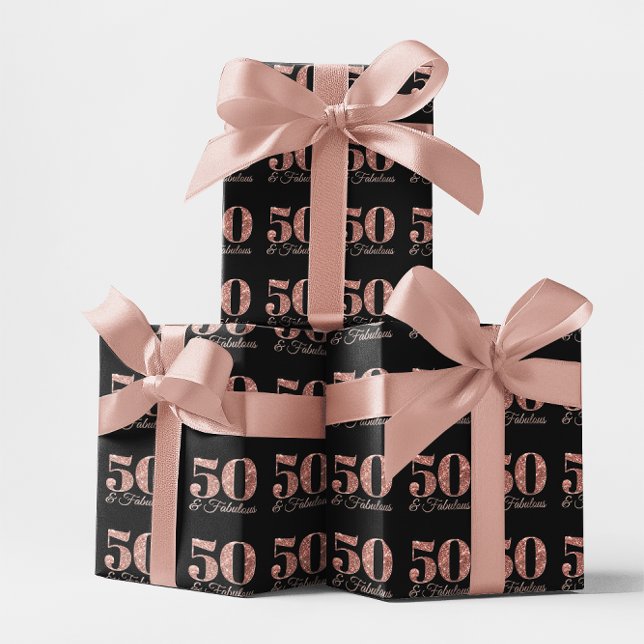 Glittery Ro Guld 50 & Fabulous on Black Presentpapper (Glittery Rose Gold 50 & Fabulous on Black Wrapping Paper)