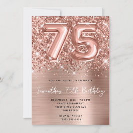 Glittery Ro Guld Balloon Glam 75:e Birthday Inbjudningar