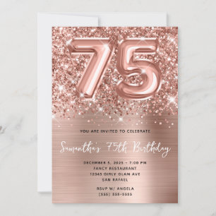 Glittery Ro Guld Balloon Glam 75:e Birthday Inbjudningar