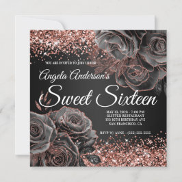 Glittery Ro Guld Black Blommigt Glam Sweet sixteen Inbjudningar