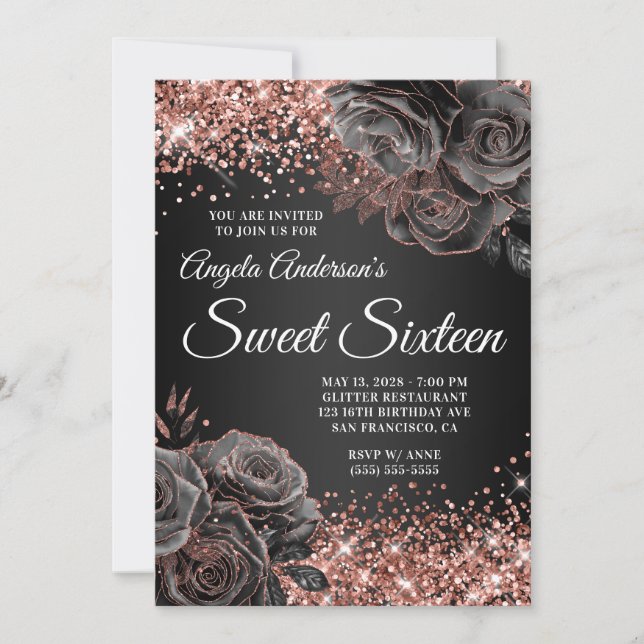 Glittery Ro Guld Black Blommigt Glam Sweet sixteen Inbjudningar (Framsida)