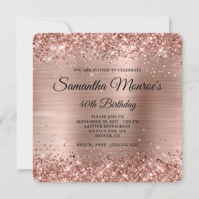 Glittery Ro Guld Finare Monogram 40 födelsedagar Inbjudningar (Framsida)