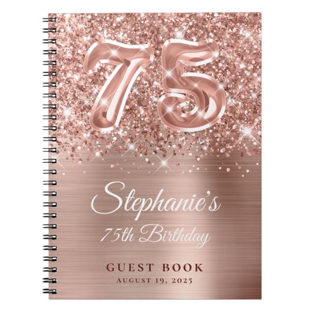 Glittery Ro Guld Glam 75:e Birthday Guestbook Anteckningsbok (Framsidan)