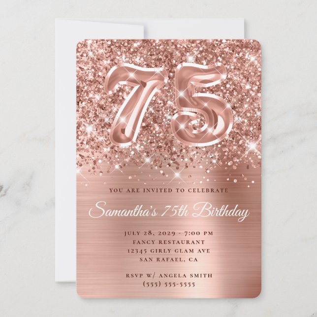 Glittery Ro Guld Glam 75:e Birthday Inbjudningar (Framsida)