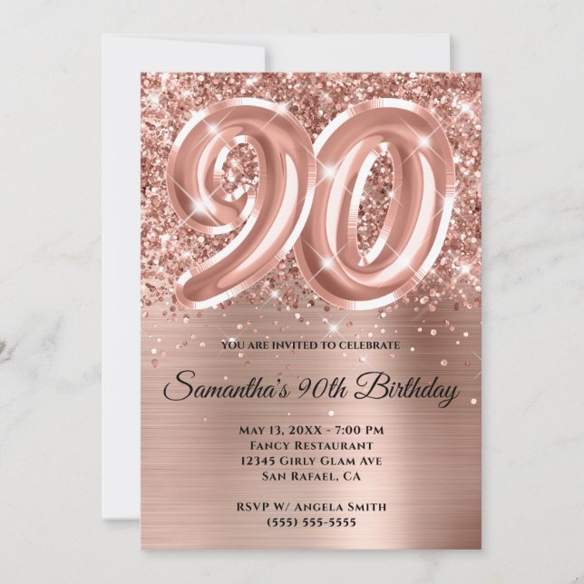 Glittery Ro Guld Glam 90:e födelsedag Inbjudningar (Framsida)