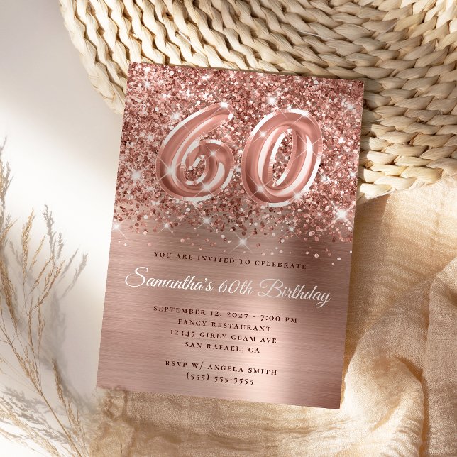 Glittery Ro Guld Glam nummer 60 födelsedag Inbjudningar (60th Birthday Rose Gold Glam Invite)